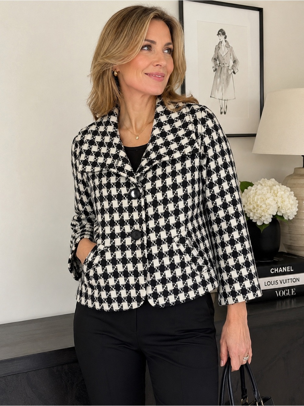 Rafaella petite friendly Black White Tweed Plaid Jacket Size Large Chic